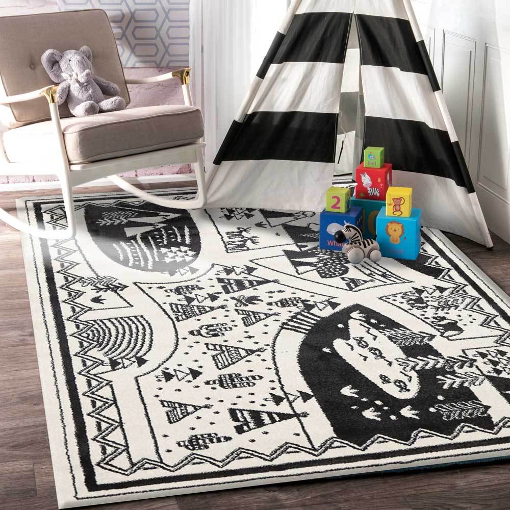 Stilo  Black and White Kids Camping Adventure Kids Rug