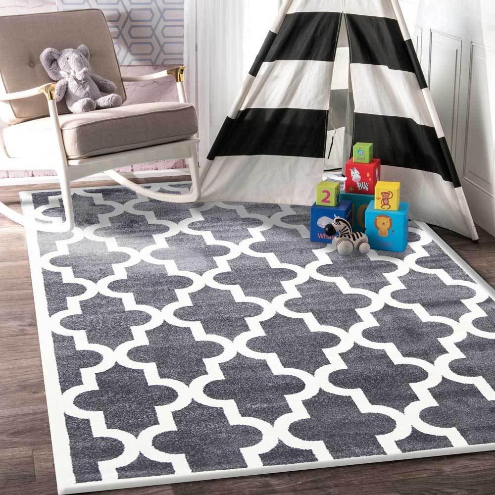 Stilo  Grey and White Lattice Pattern Kids Rug