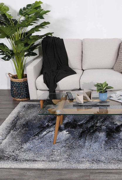 Celestia Blue and Grey Abstract Bordered Modern Rug