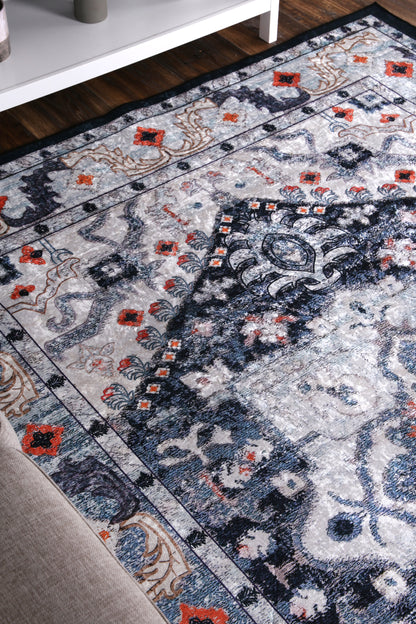 Valencia Navy Multi Medallion Non-Slip Rug - ANGE01