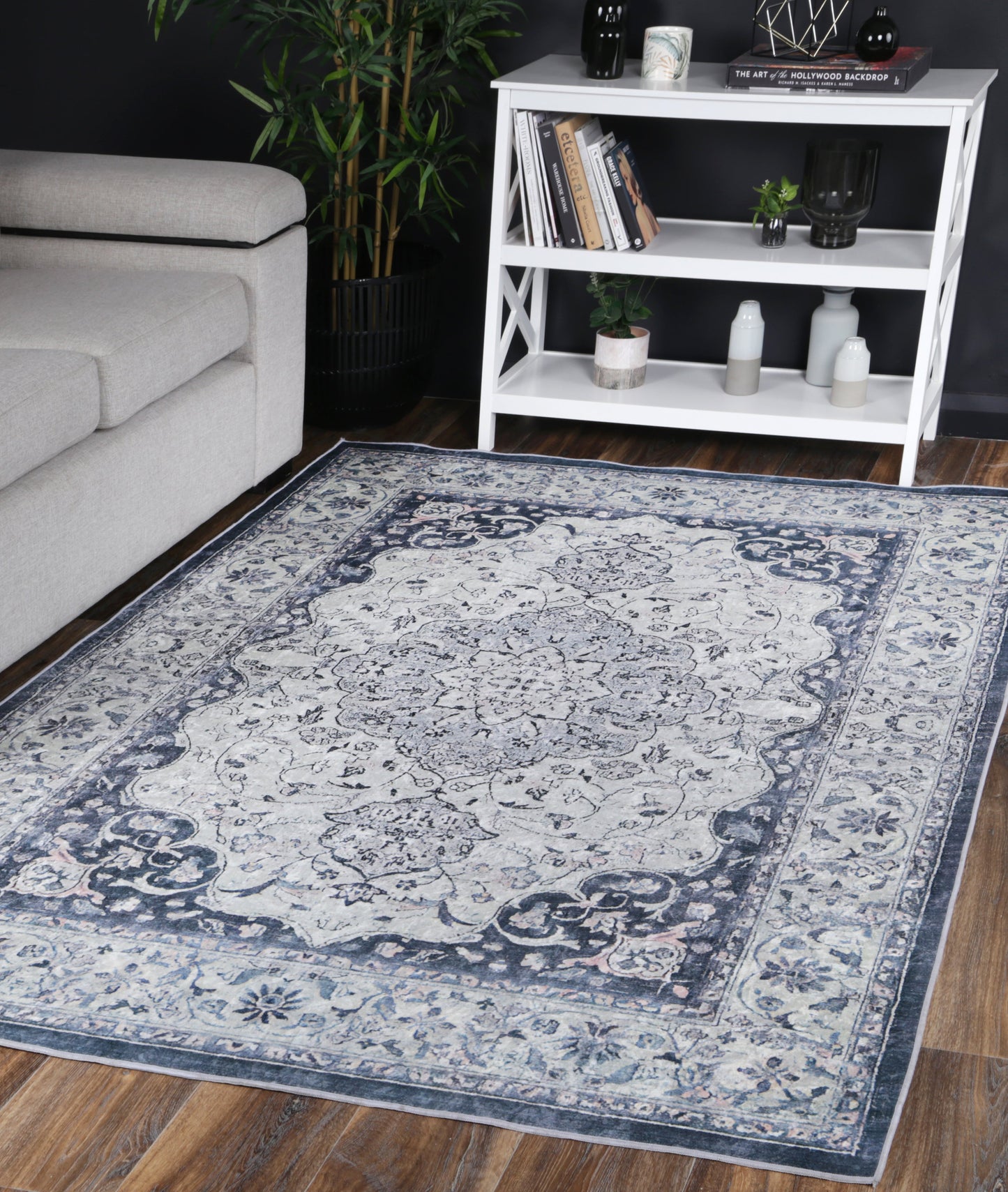 Valencia Navy Medallion Non-Slip Rug - ANGE02