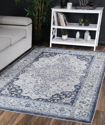 Valencia Navy Medallion Non-Slip Rug - ANGE02