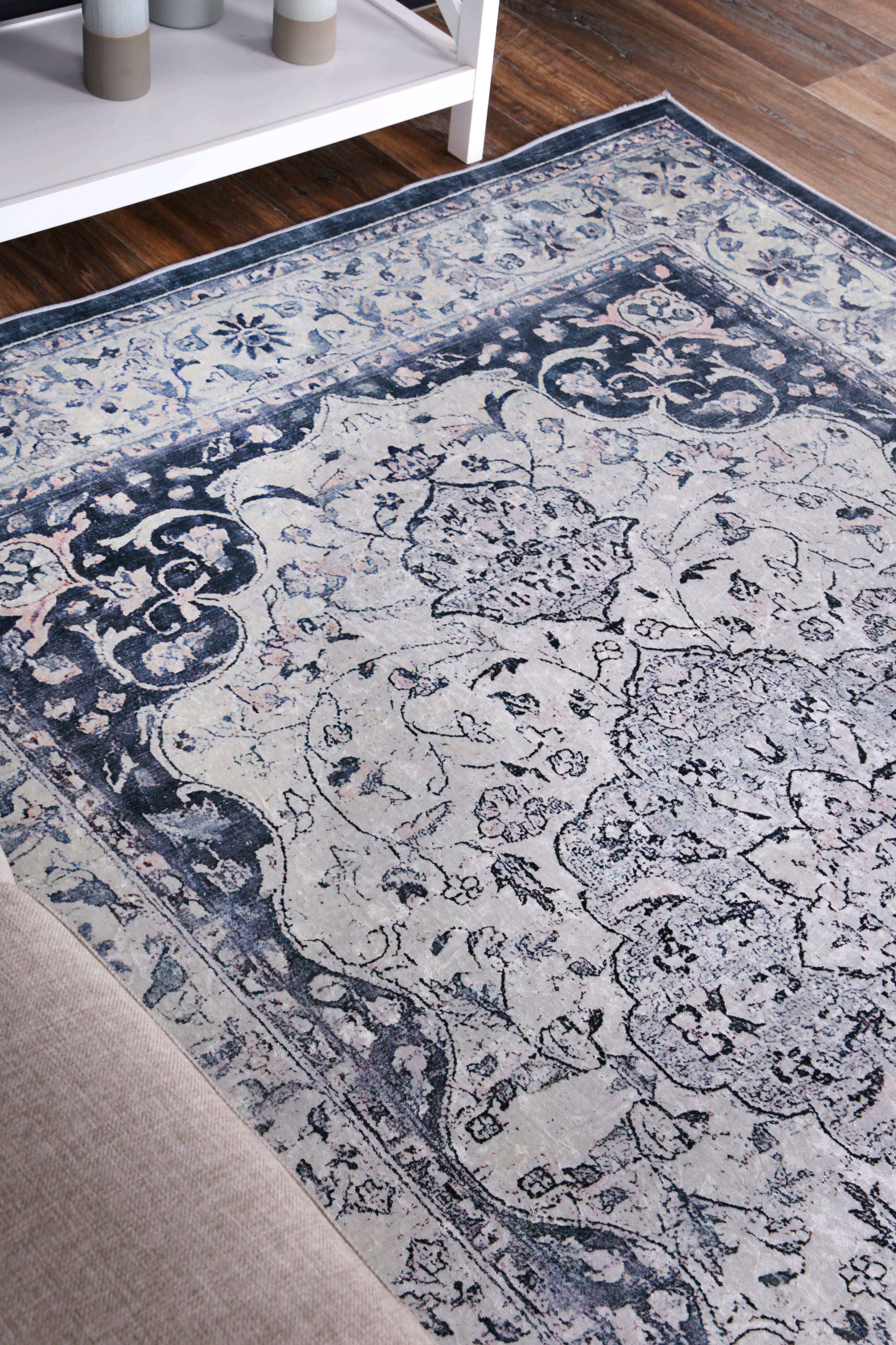 Valencia Navy Medallion Non-Slip Rug - ANGE02