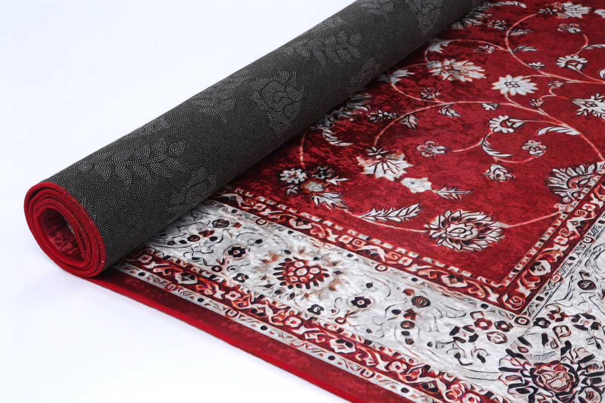 Valencia Traditional Floral Border Red Non-Slip Rug - ANGE07