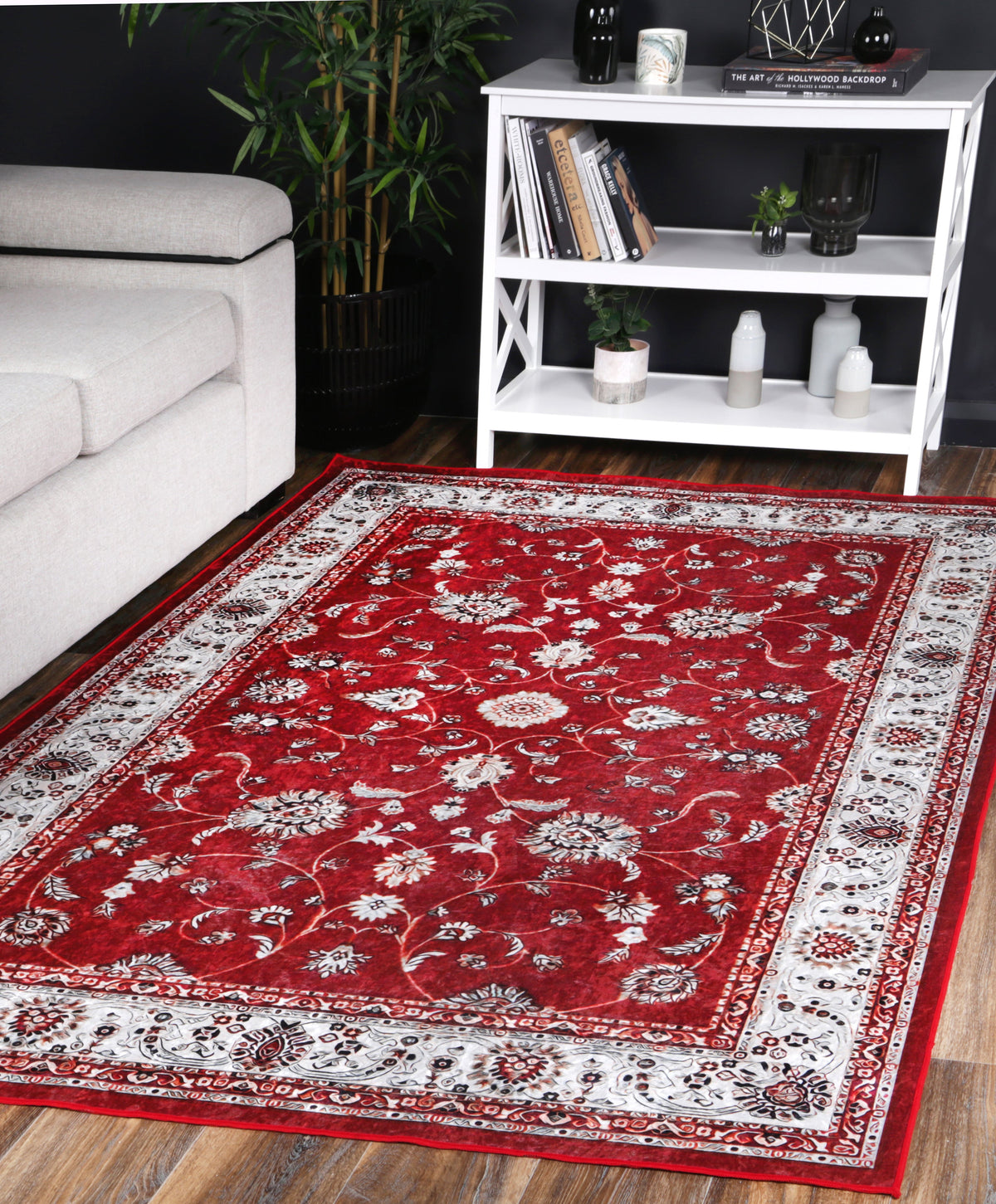 Valencia Traditional Floral Border Red Non-Slip Rug - ANGE07