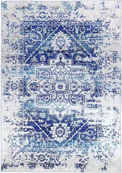 Valencia Distressed Navy White Traditional Non-Slip Rug - ANGE09