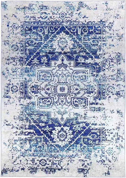 Valencia Distressed Navy White Traditional Non-Slip Rug - ANGE09