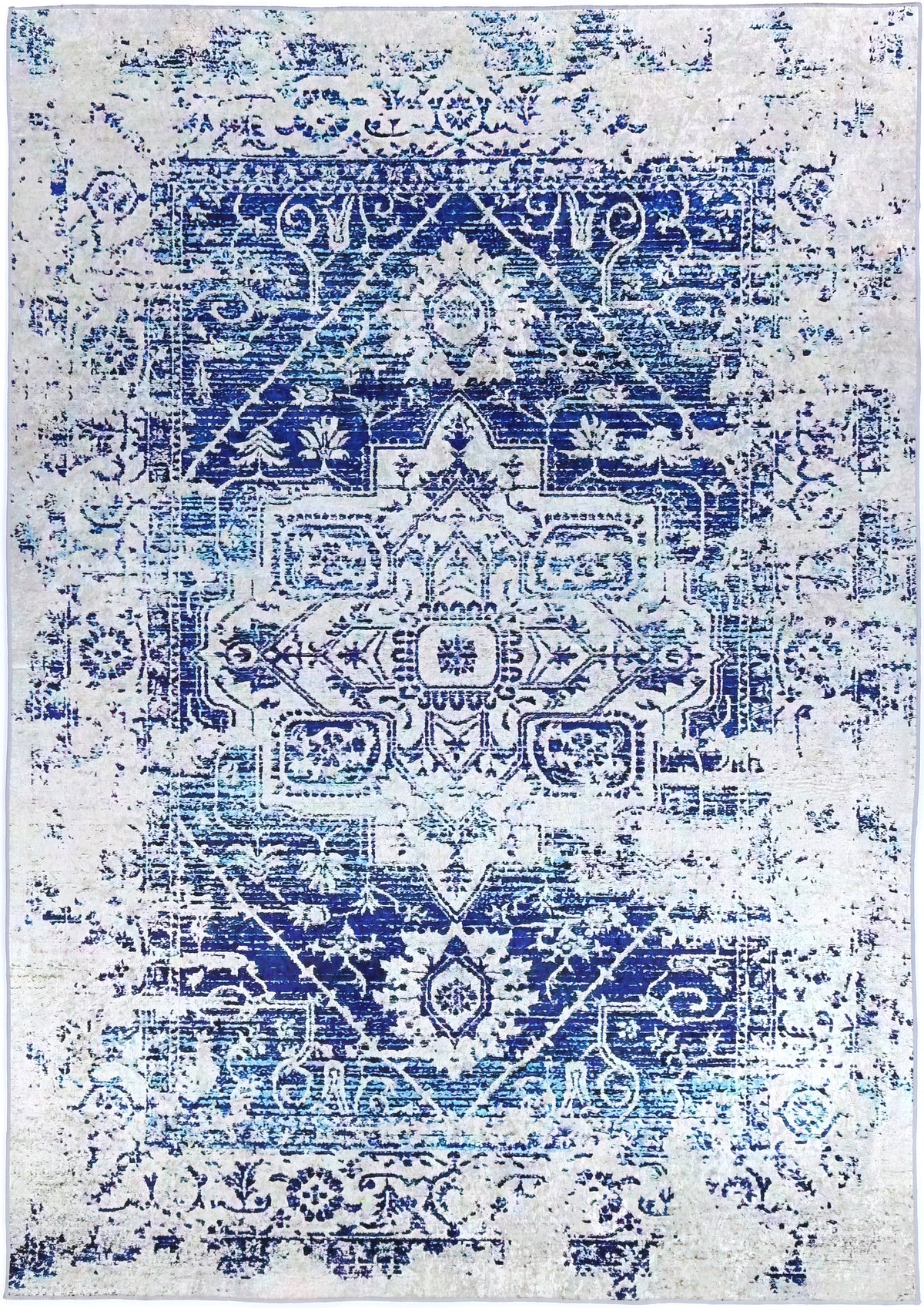 Valencia Distressed Navy White Traditional Non-Slip Rug - ANGE09