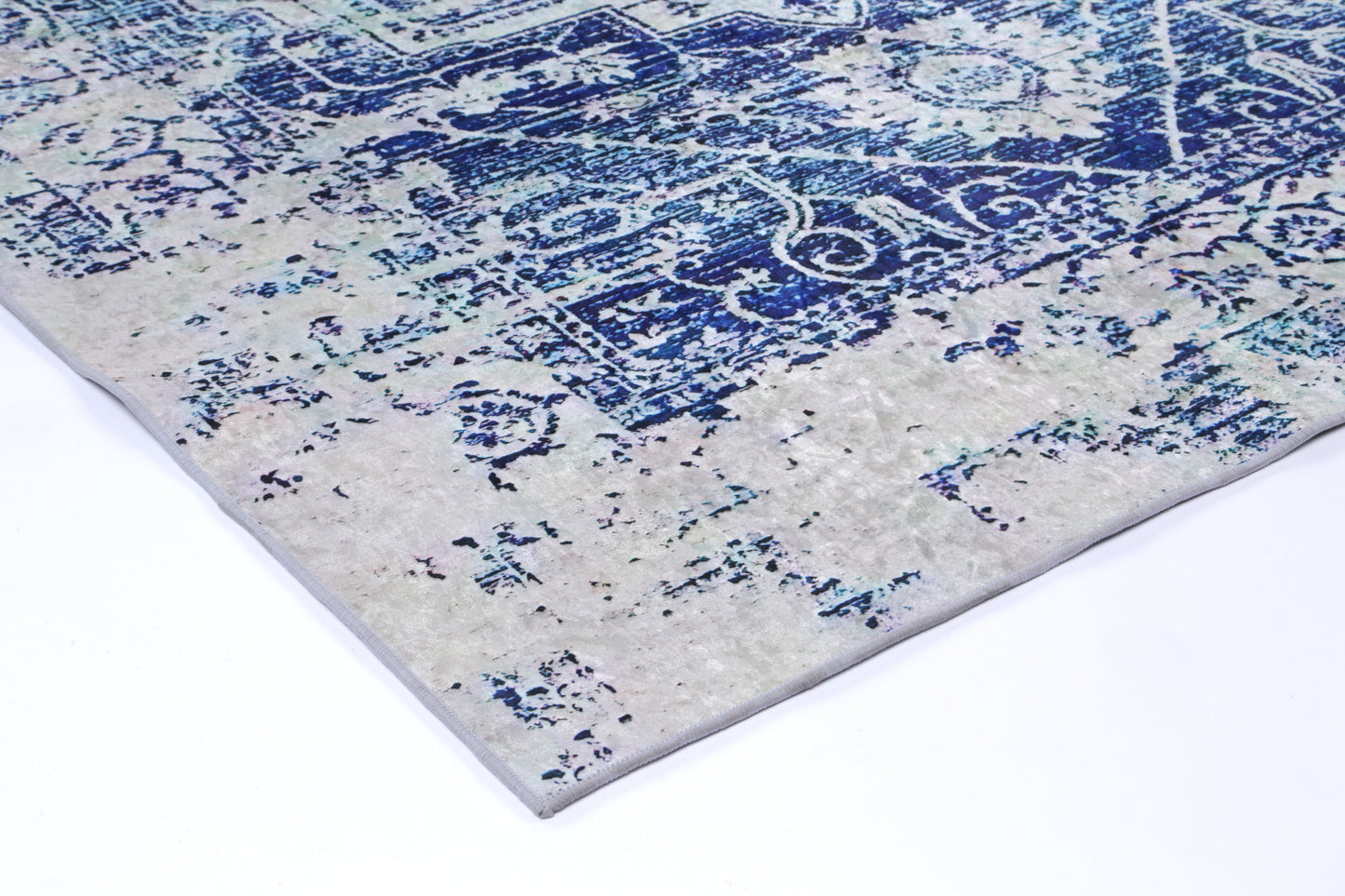 Valencia Distressed Navy White Traditional Non-Slip Rug - ANGE09