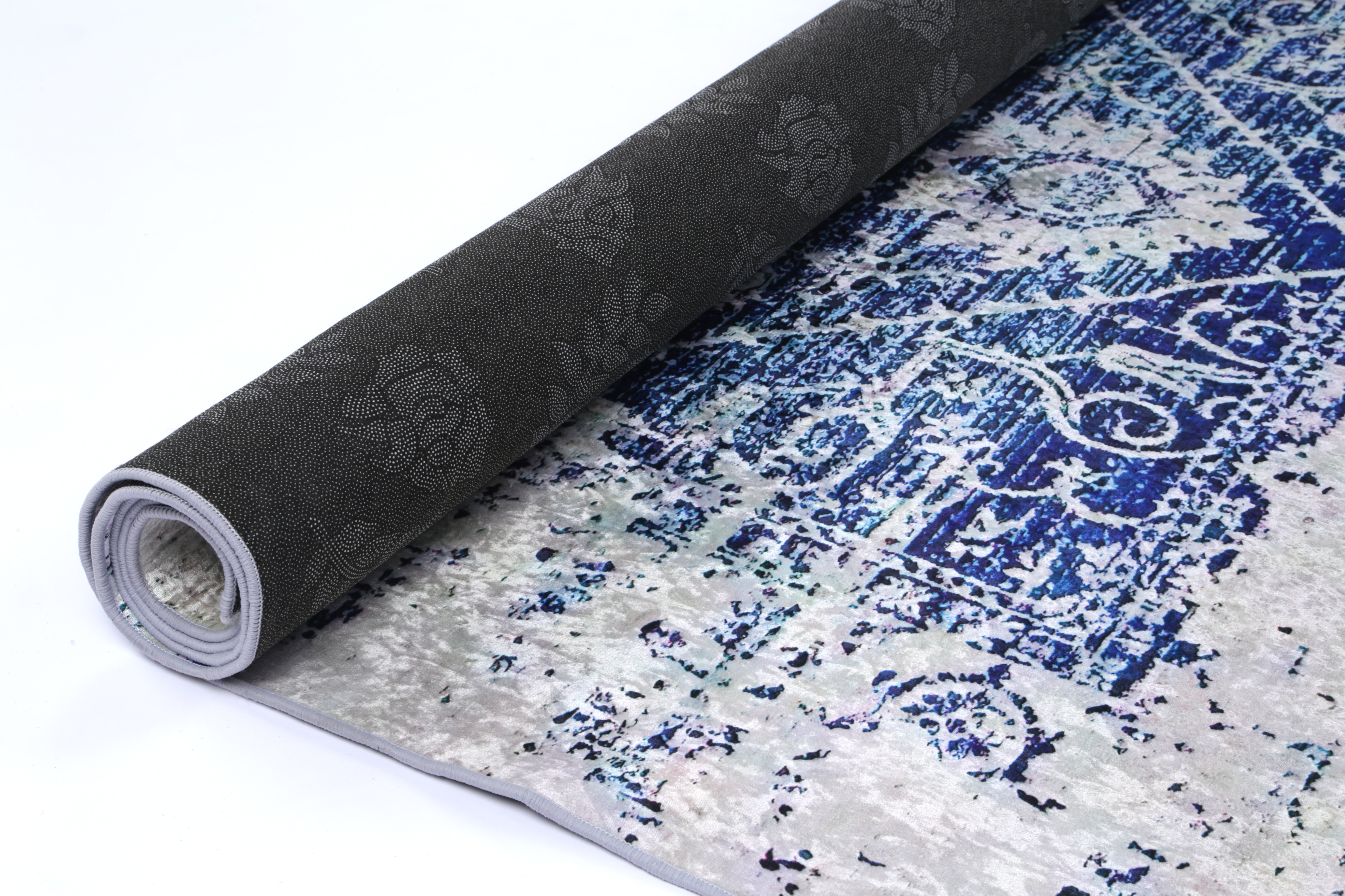 Valencia Distressed Navy White Traditional Non-Slip Rug - ANGE09