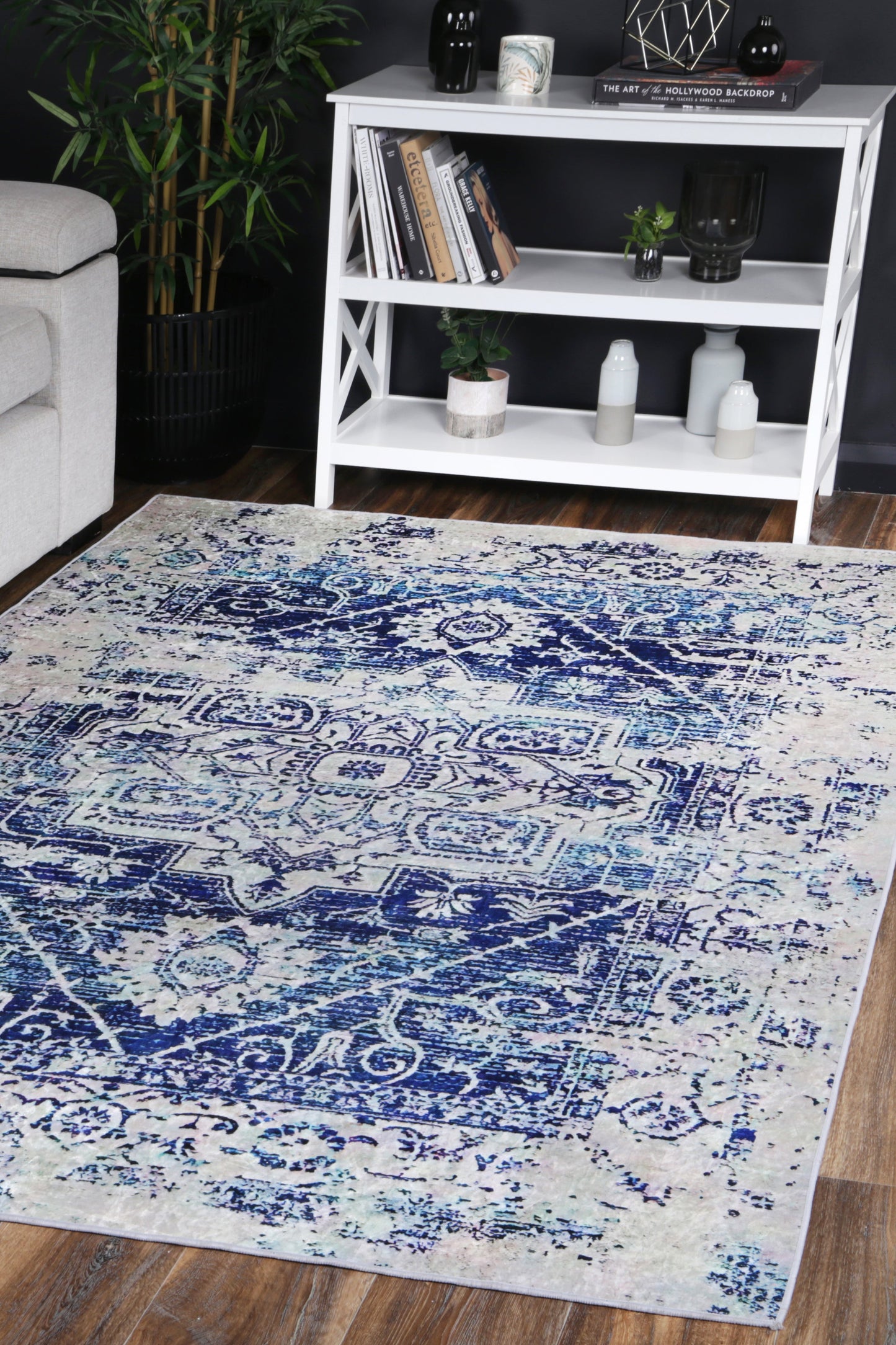 Valencia Distressed Navy White Traditional Non-Slip Rug - ANGE09