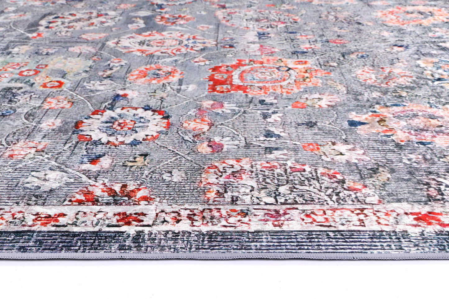 Valencia Distressed Floral Grey Multi Non-Slip Rug - ANGE12