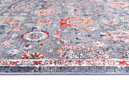 Valencia Distressed Floral Grey Multi Non-Slip Rug - ANGE12