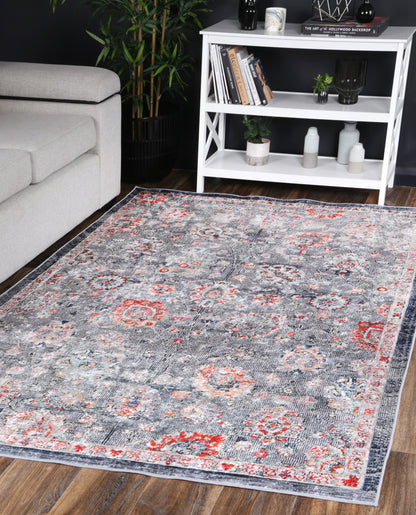 Valencia Distressed Floral Grey Multi Non-Slip Rug - ANGE12