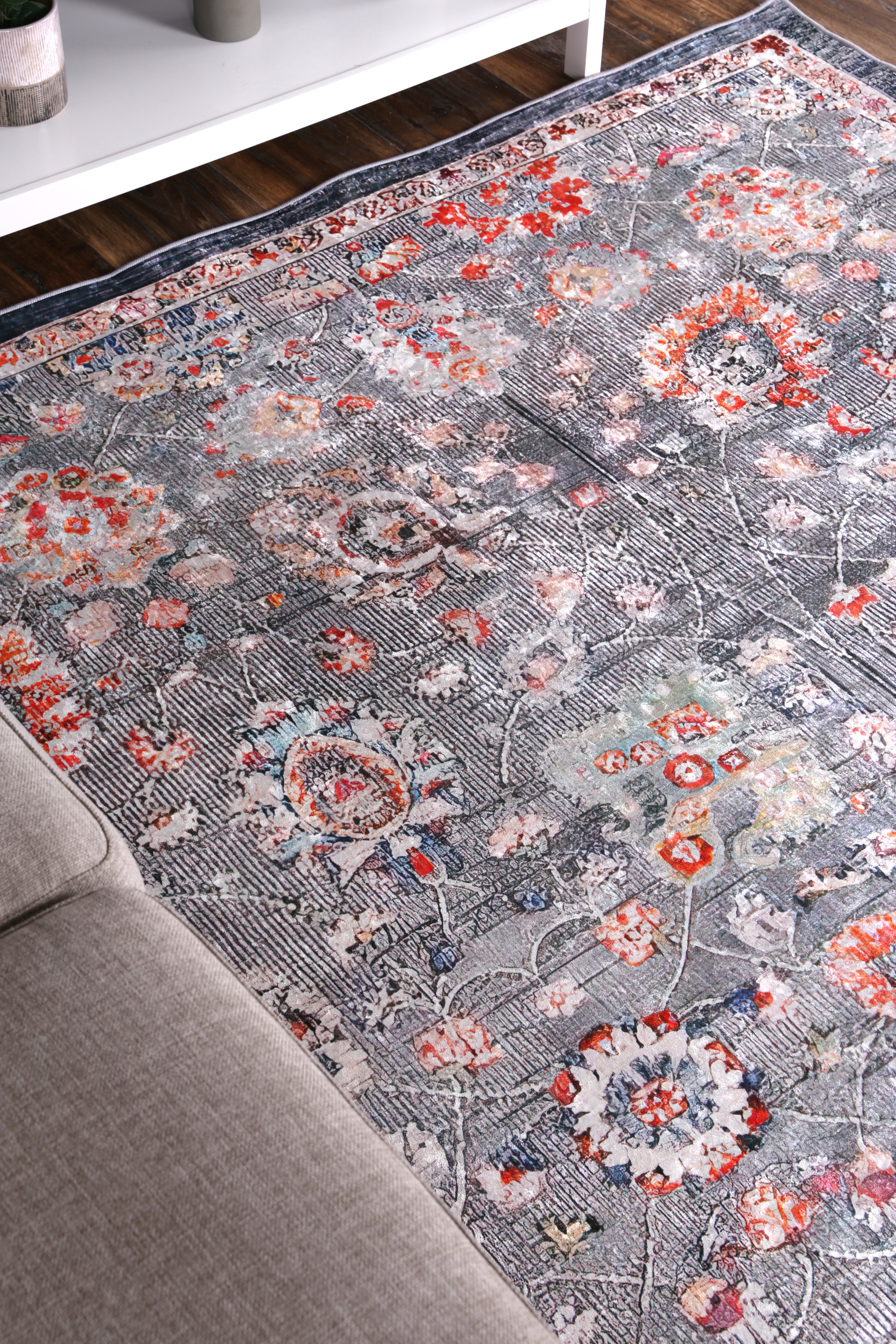Valencia Distressed Floral Grey Multi Non-Slip Rug - ANGE12