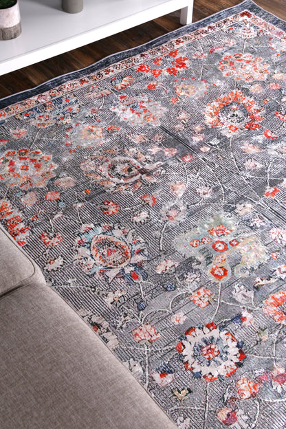 Valencia Distressed Floral Grey Multi Non-Slip Rug - ANGE12