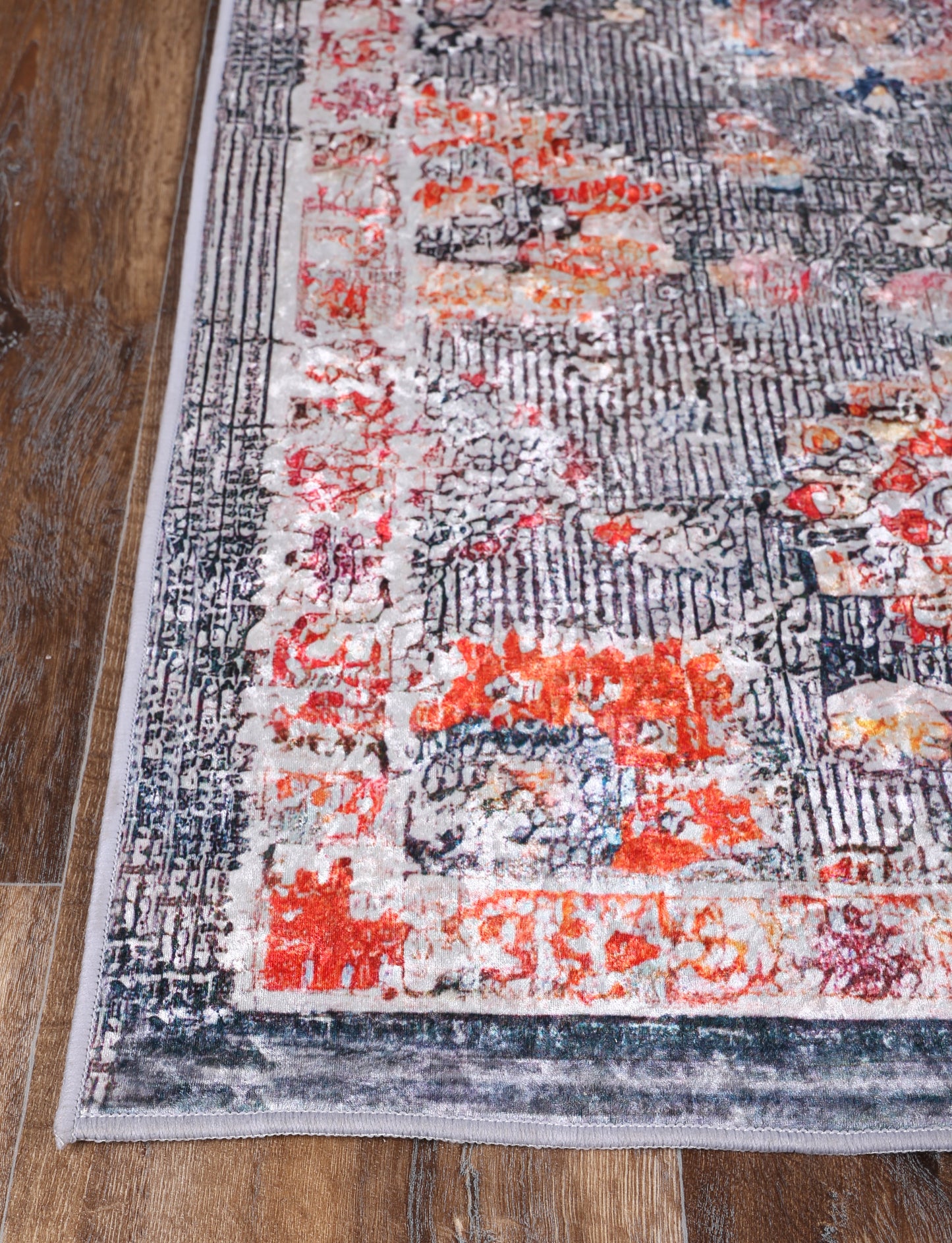 Valencia Distressed Floral Grey Multi Non-Slip Rug - ANGE12