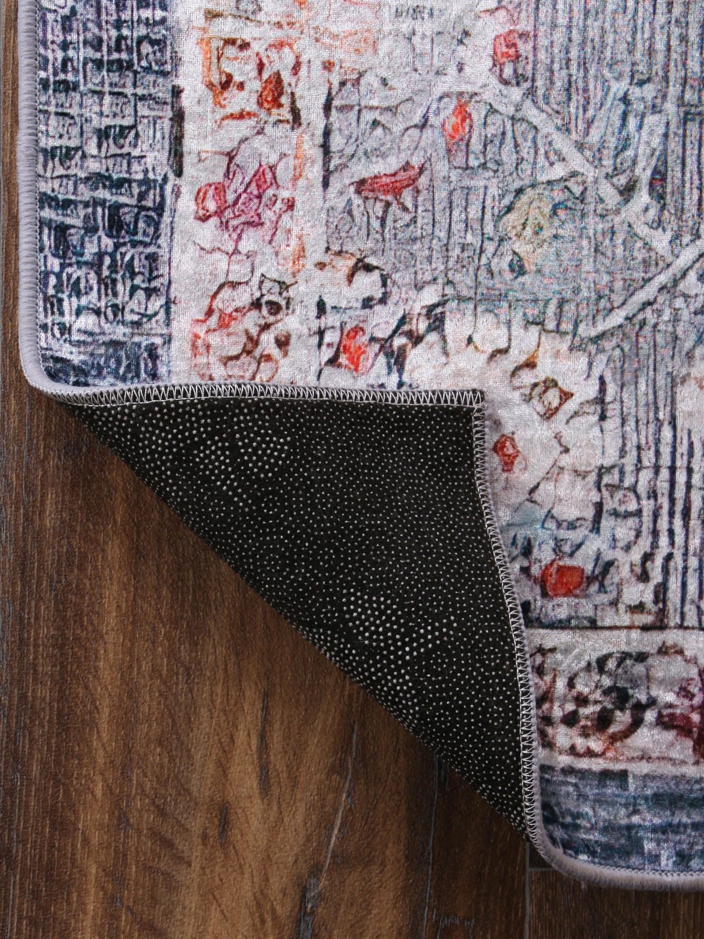 Valencia Distressed Floral Grey Multi Non-Slip Rug - ANGE12