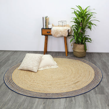 Brenna Navy Blue Natural Round Boarder Rug