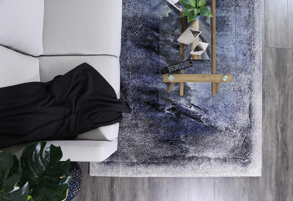 Celestia Blue and Grey Abstract Bordered Modern Rug
