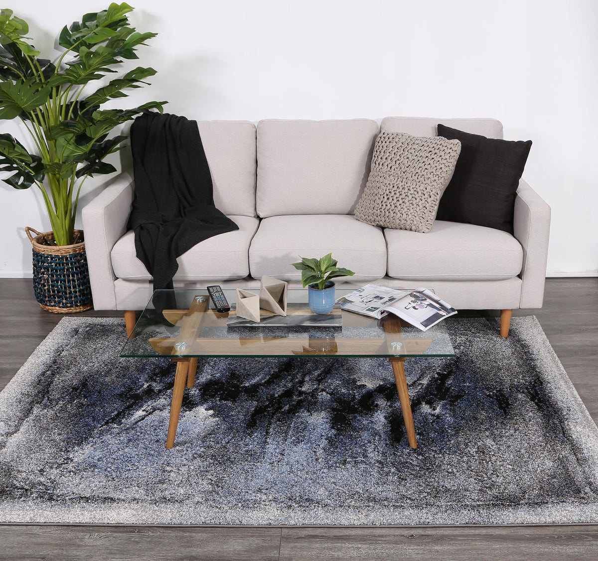 Celestia Blue and Grey Abstract Bordered Modern Rug
