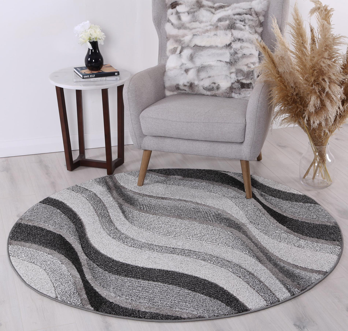 Celestia Waves Grey Plush Round Rug