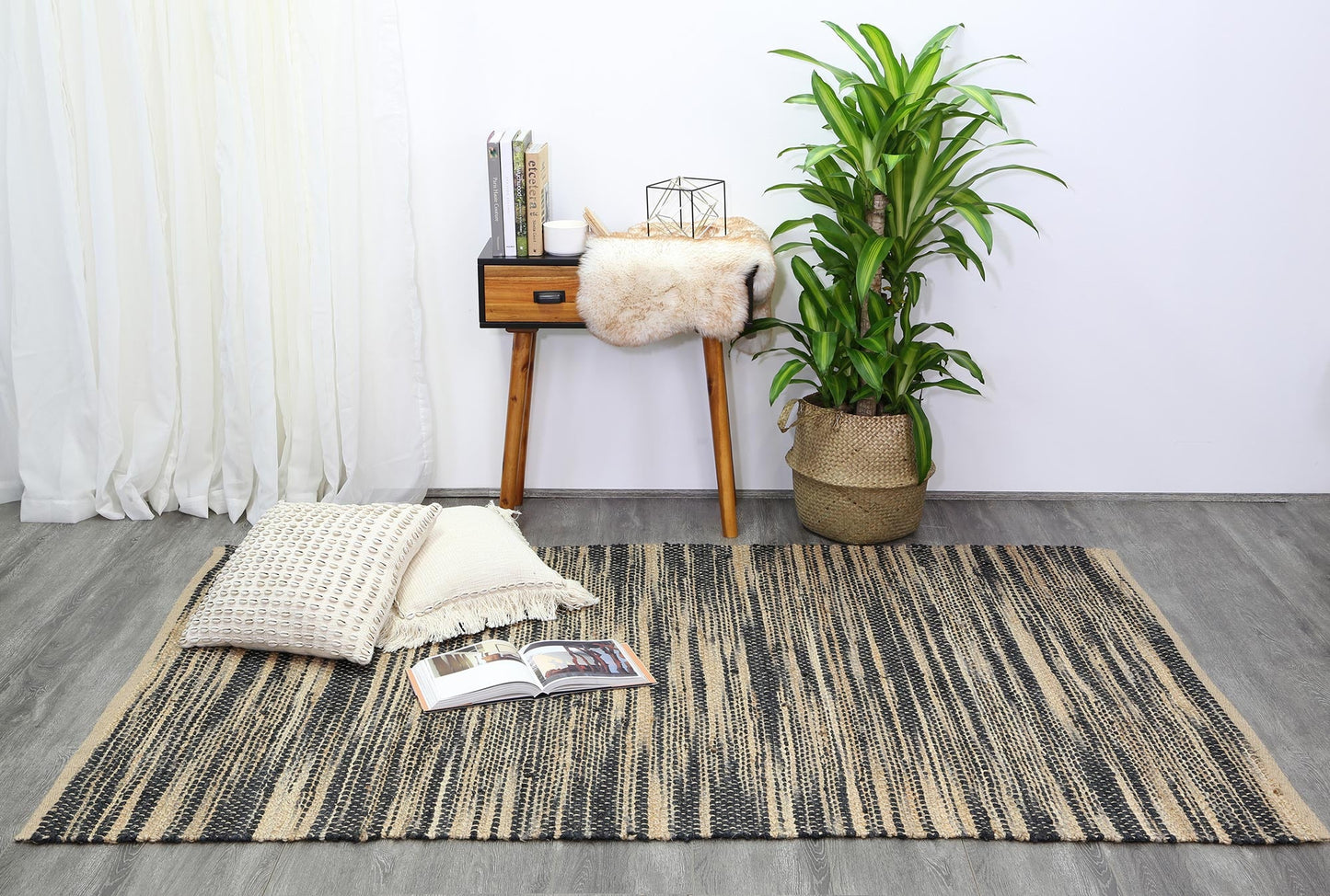 Earthen Grey Stipe Natural Jute Rug